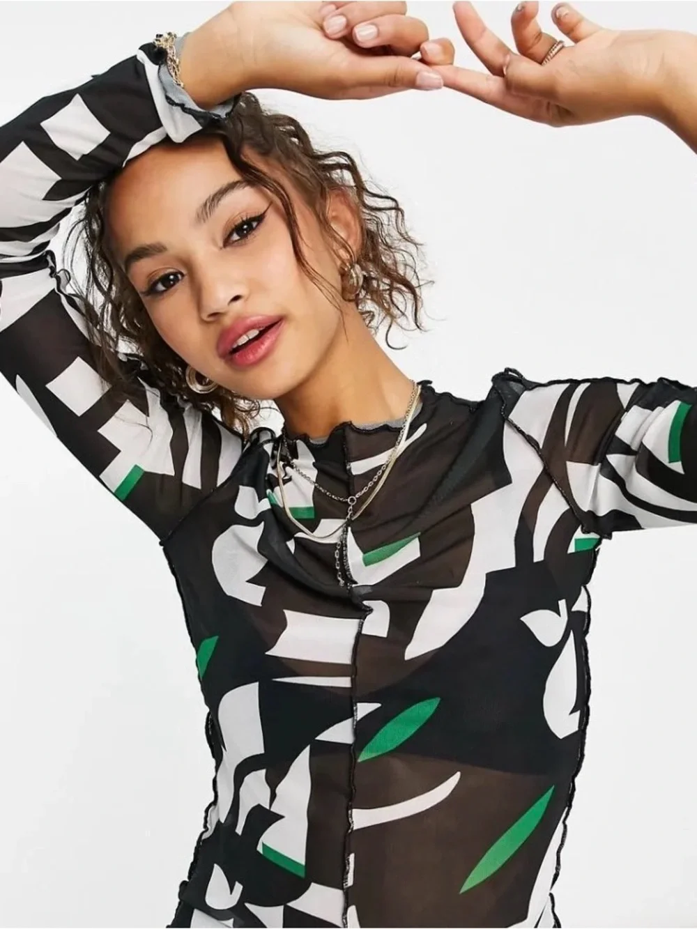 Monki Abstract Print Mesh Long Sleeve Shirt Women’s Size XS-S - Picture 9 of 10